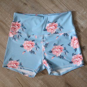 Pink rose blue cute high waist floral stretchy shorts NWT